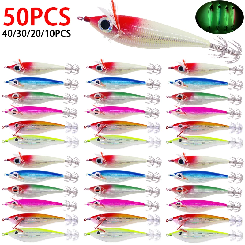 10-50PCS Wood Shrimp 10g Horizontal Laser Luminous Floating Egi Lure Squid Jigging Shrimp Hook Octopus Cuttlefish Fishing Baits