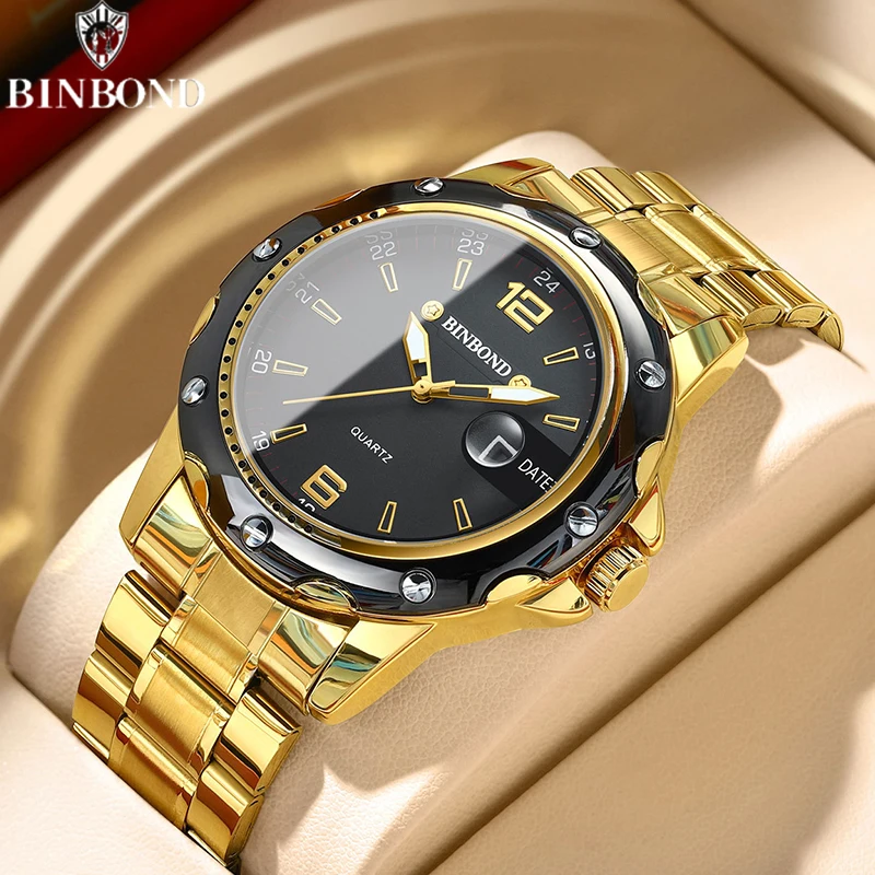 BINBOND Fashion Ultra-thin Business Men Quartz Watch Sports Magnifier Calendar Night Glow Waterproof Luxury Steel Band Men Watch