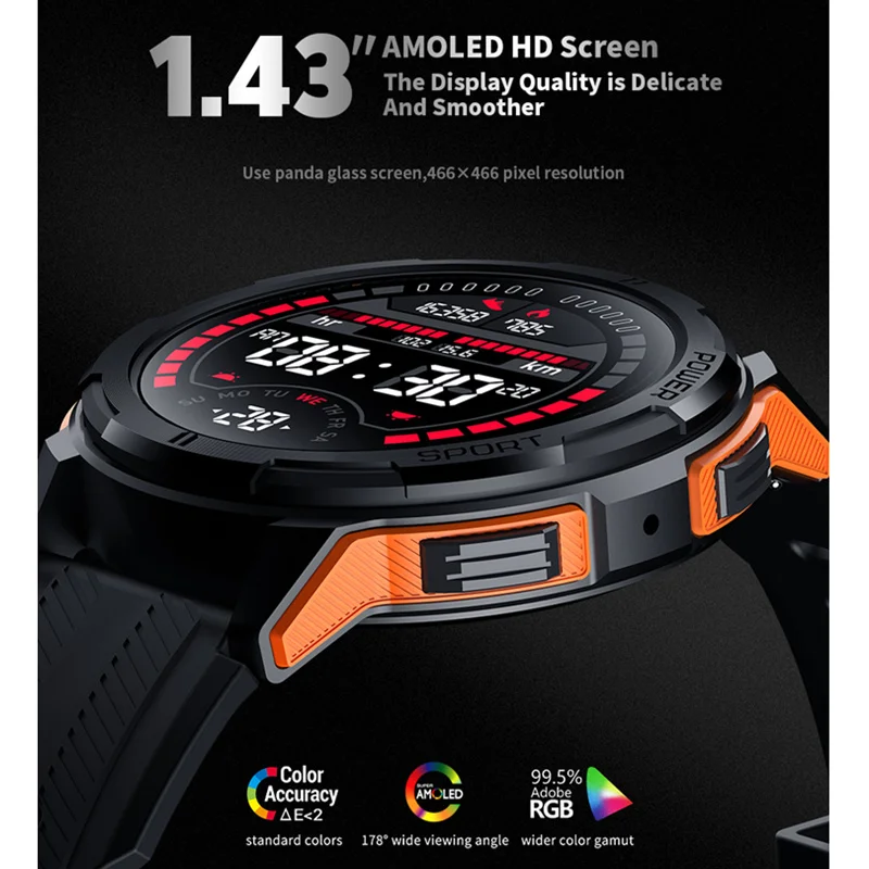 Sports Smart Watch Men 1ATM Waterproof Bluetooth Call AI Voice Assistanth 1.43inch Amoled Screen Always on Display Long Battery