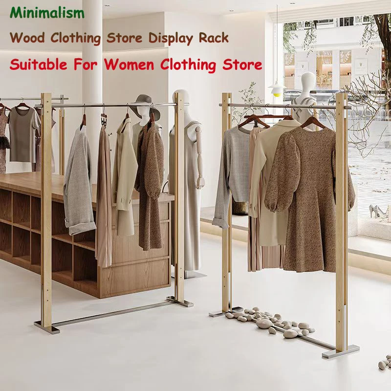 Large Size Minimalism Wood Clothing Store Display Rack Korea Style Stainless Steel Floor Standing Shelves for Women's Apparel