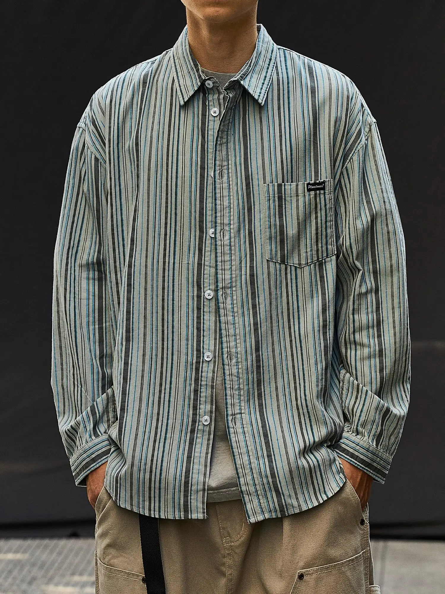 

Retro Striped Men's Casual Cotton irt Long Sve Waed Pure Cotton Spring Autumn Japanese Sle Trendy Brand Versatile St...