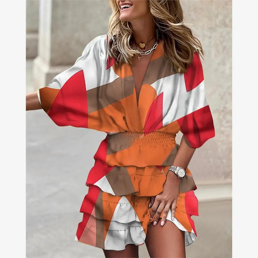 فستان نسائي للربيع والصيف والخريف بحافة غير منتظمة وأكمام خفاشية وياقة على شكل V، مصنوع من القطن الناعم مع مرونة متوسطة، تصمي... #5