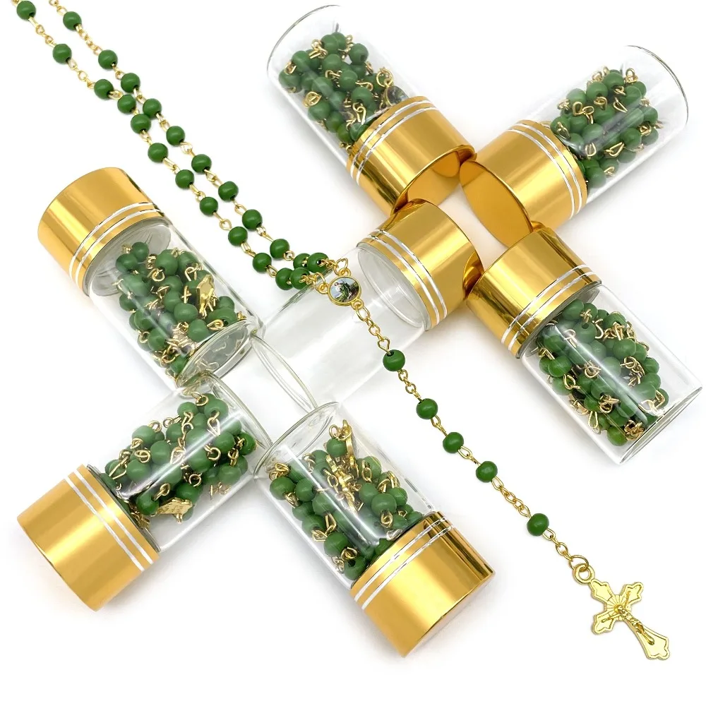 12pcs St. Jude Judas Saint Scented Wood Rosaries In Glass Jar Bottle Silver Recuerdos de Bautizo First Communion Birthday Party Favor For Boy Girl
