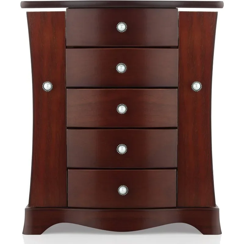 

Popular.Jewelry Box - Made of Solid Wood with Tower Style 4 Drawers Organizer and 2 Separated Open Doors on 2 Sides