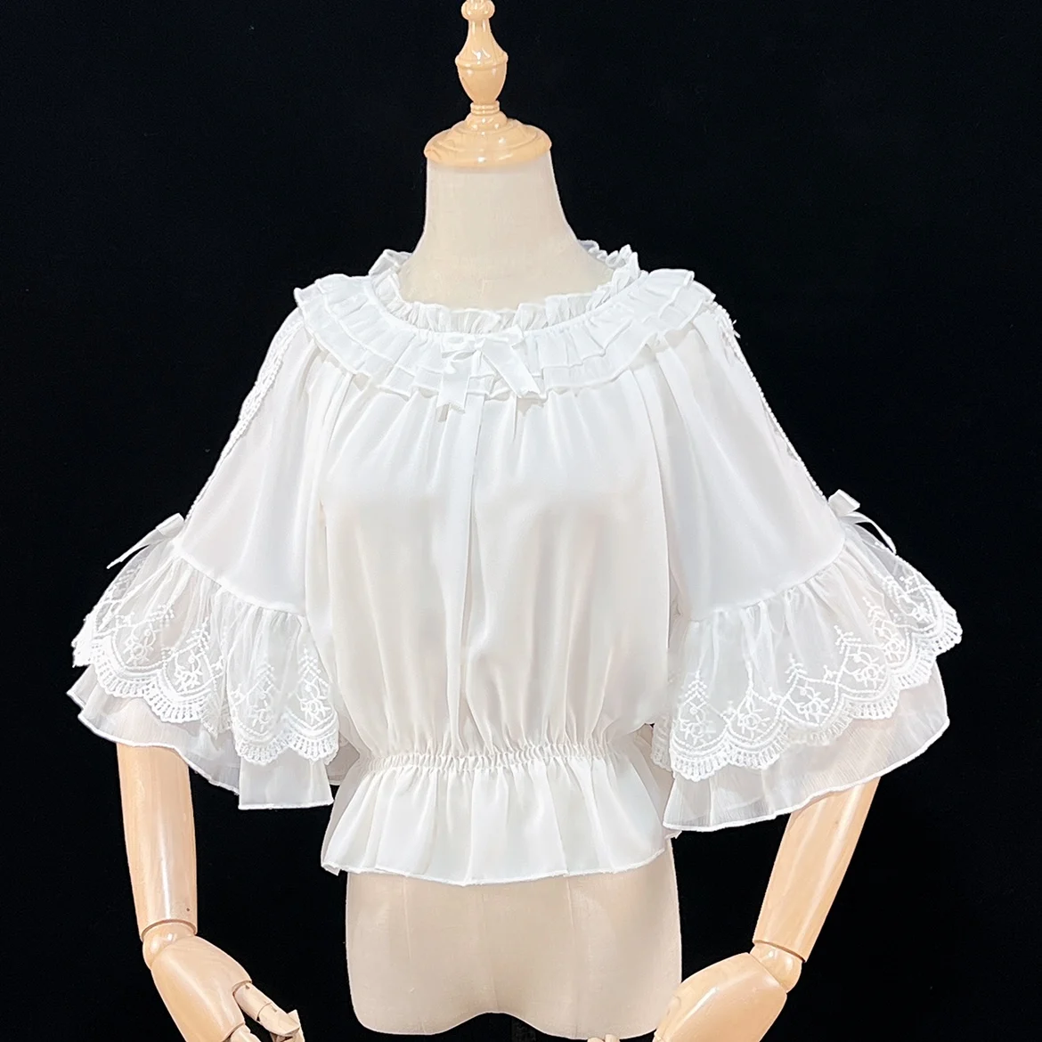 Sweet Lolita Cute Bow Ruffles Chiffon Blouses Women Three Quarter Flare Sleeve Off Shoulder Shirt Crop Top Girl Kawai Undershirt