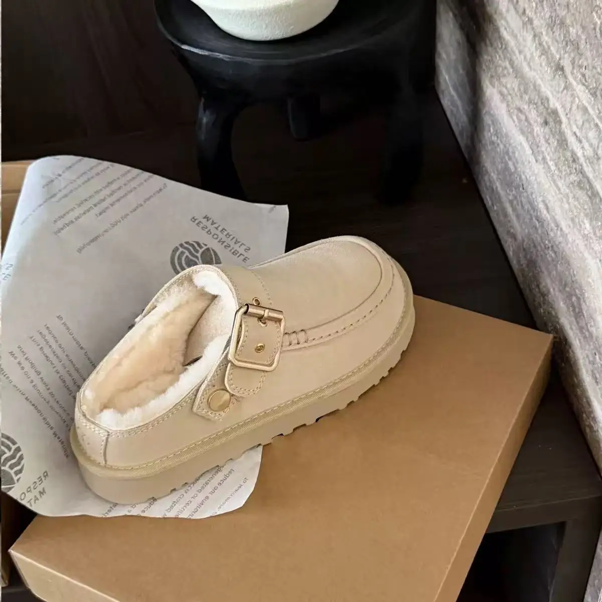 2026 Neue Winter-Hausschuhe aus Schafwolle mit integrierter, dicker Sohle für Damen, Retro-Zehenwickel-Müller-Schuhe für den Außenbereich – Detail 8