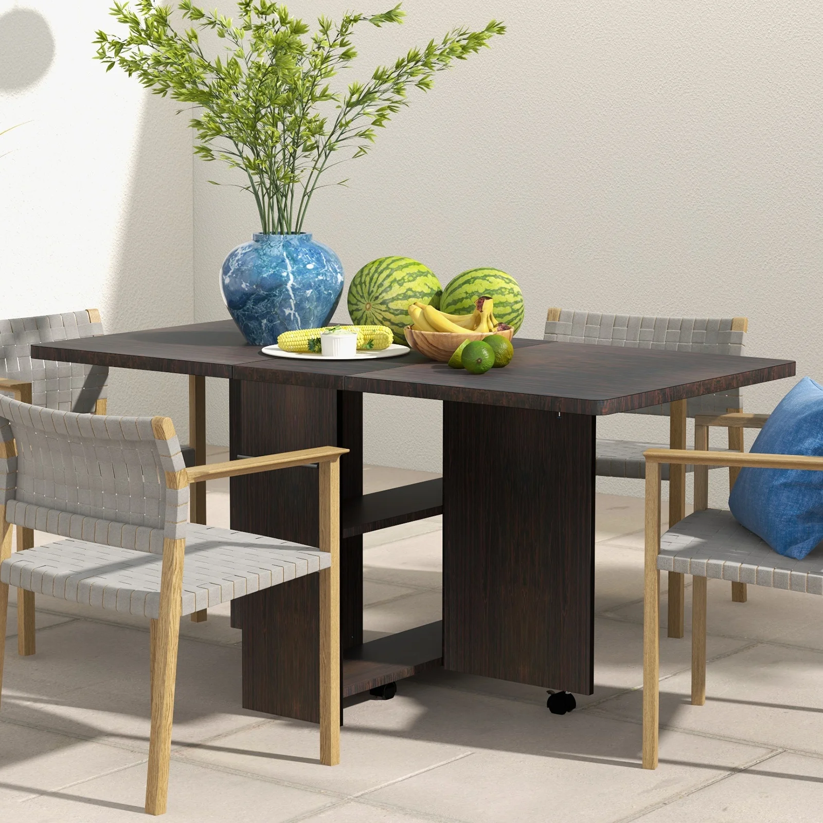 Space-Saving Folding Dining Table with Drop Leaf – 2-Tier Storage Shelf, 6 Lockable Wheels – Expandable Table for Small Apartments, Kitchens, Compact Wood Desk for 4, 47.2