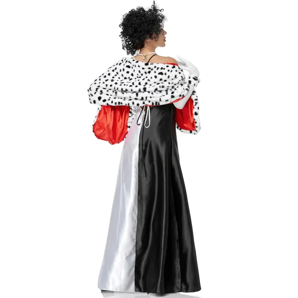 Cruella Cosplay Costumes Black White Devil Costume Wig Spot Shawl Elegant Dress Set Halloween Women's Sexy Evening Party Dresses