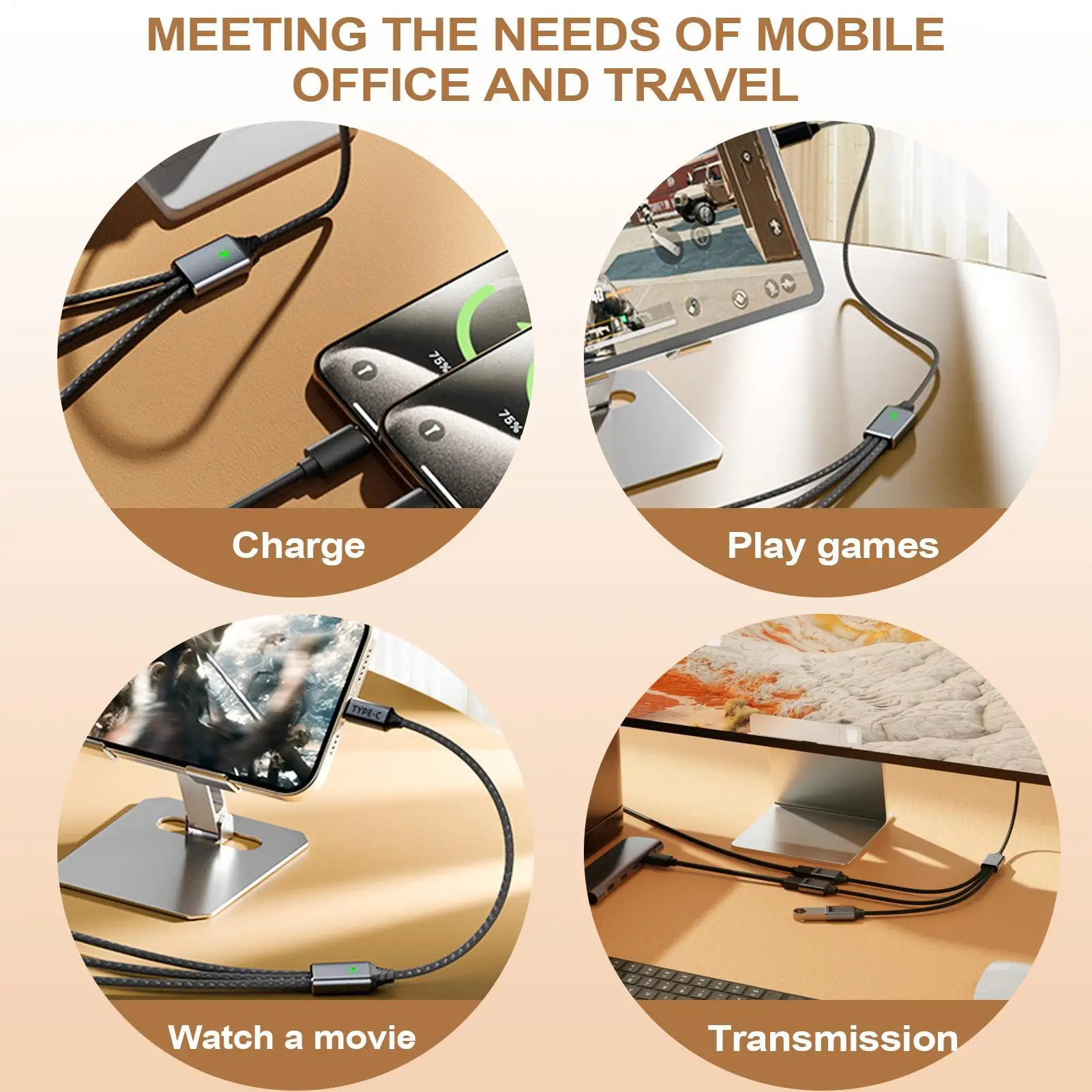 كابل شحن USB متعدد USB/Type-C سلك شاحن متعدد لوازم السيارات للأجهزة رحلة شاحنة العمل المغامرة الداخلية