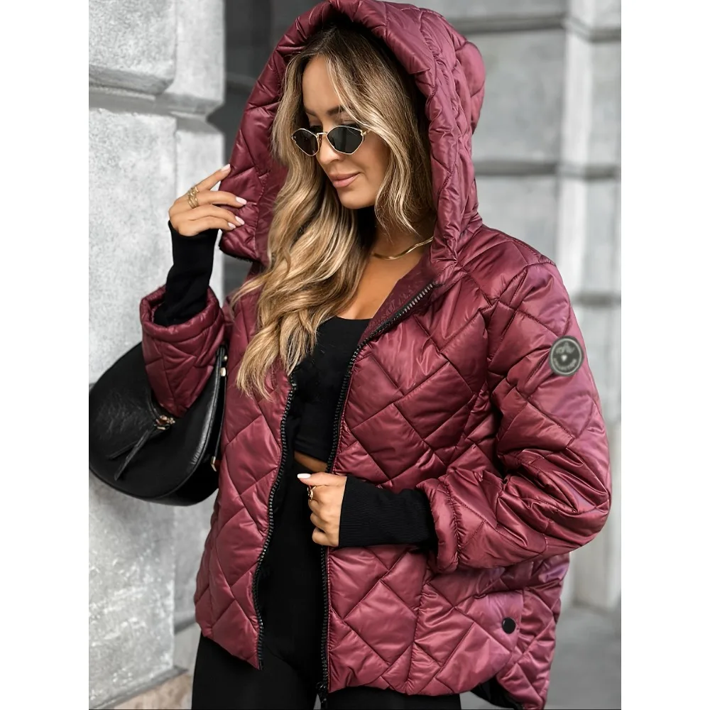 Herbst und Winter Neue Mode Kapuzen-Modejacke Lose Langarm Patchwork Baumwolljacke Damen Winterjacke Gesteppter Mantel – Detail 6