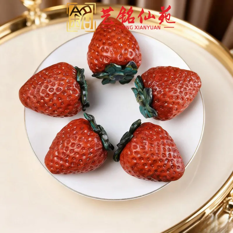 Red Sandalwood Carved Strawberry Figurine Mini Fruit DIY Accessory Home Decor Ornament Souvenir Gift