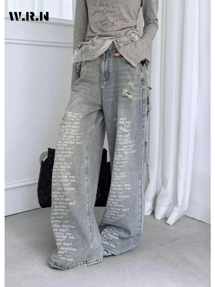 

Women Casual Baggy Emo Denim Trouser Retro Full Length Harajuku Letter Print Loose Jeans High Waist Y2K 2000s Blue Ripped Pants