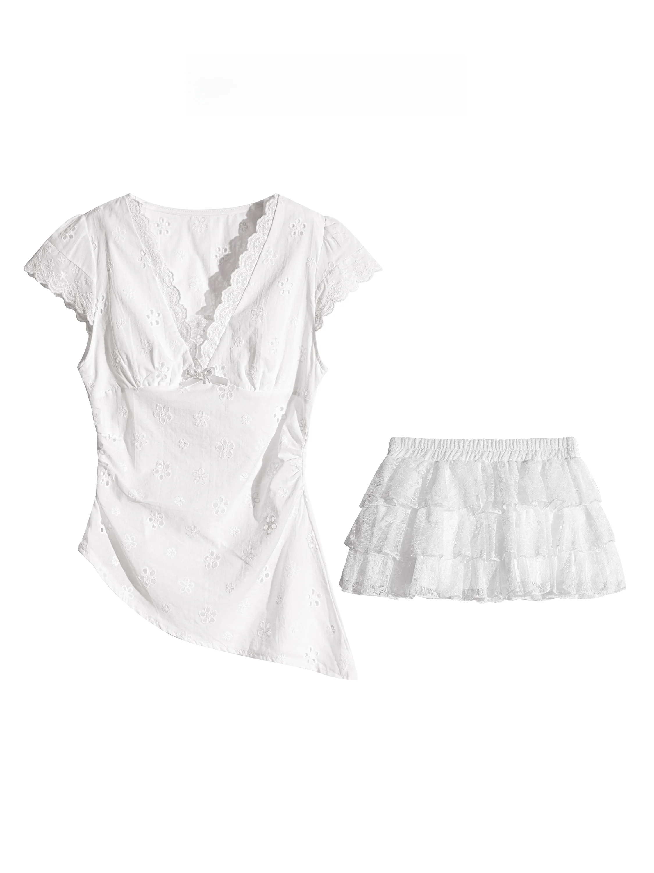 

UTUD DESIGN Белый Pure Desire с вышитым цветком V-Ne irt Кружевная юбка-тортик Комплект из двух предметов Женский летний облегающий ор Све