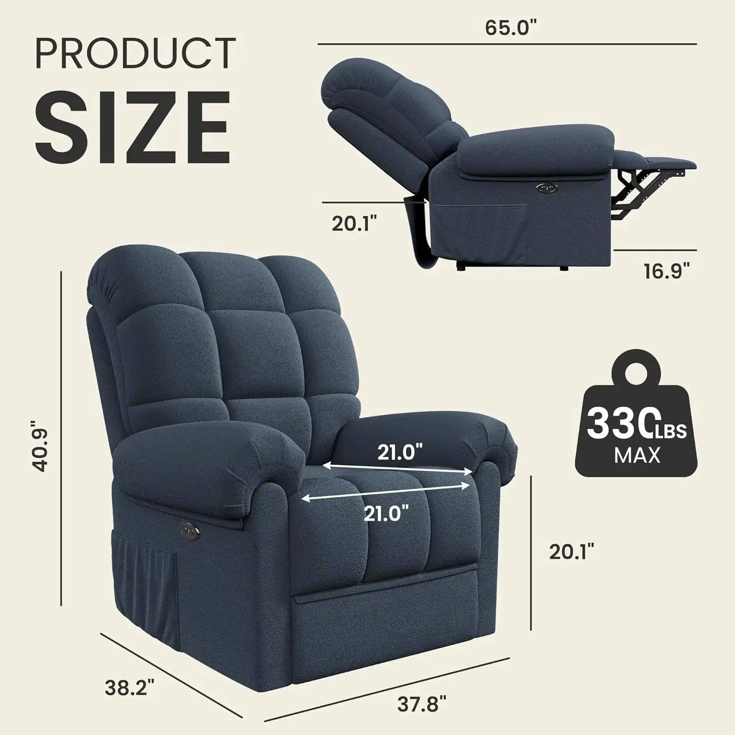 2024 New Power Recliner Chair for Adults, Adjustable Electric Chair Power Reclining Sofa, USB Port, Ultra-Comfy Teddy Fleece