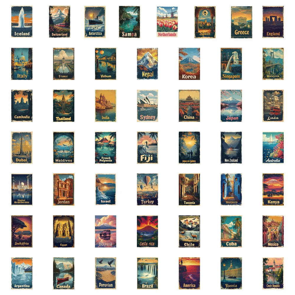 50PCS Creative 1950s Retro Travel Poster Stickers Decorative Phone Cases Laptop/Motorcycle Waterproof Stickers