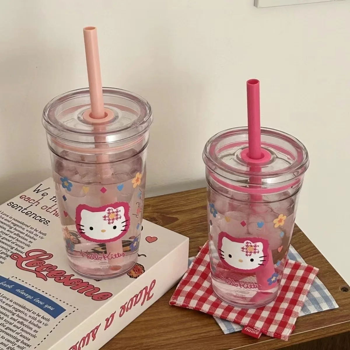 أنيمي سانريو مرحبا كيتي الوردي كوب بقشة سعة كبيرة كوب ماء من البلاستيك الشفاف KT القط Kawaii كوب بلاستك محمول الهدايا #4