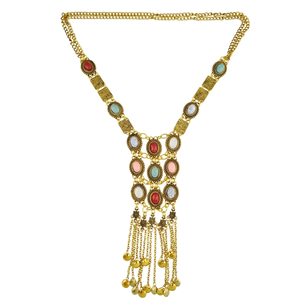 Vintage goldene silbrige Statement-Halskette für Frauen, bunte Strasssteine, lange Ketten, Halsketten, Gypsy, Boho, ethnischer Halsschmuck – Detail 13