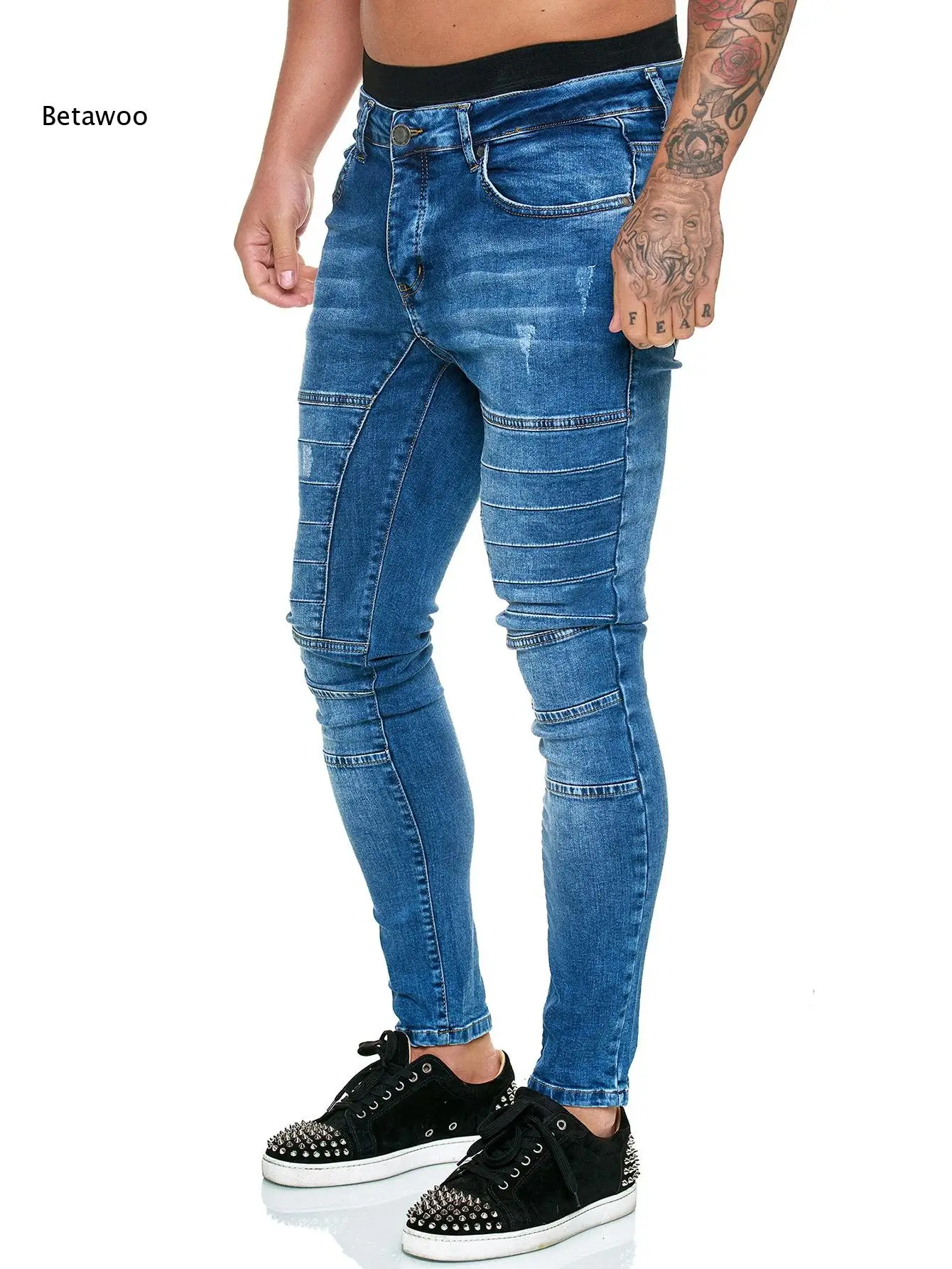 Black Distressed Biker Skinny Jeans For Men Stitched Panel Decoration Slim Fit Denim Trousers For Night Out And Daily Matching