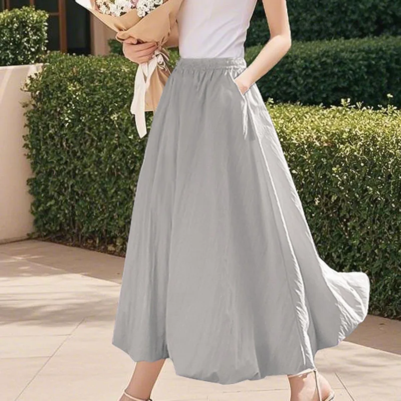 2025 New Spring Summer Fashion Black White Long Skirts For Woman Korean Style Clothing Elastic High Waist A-Line Skirt Mujer