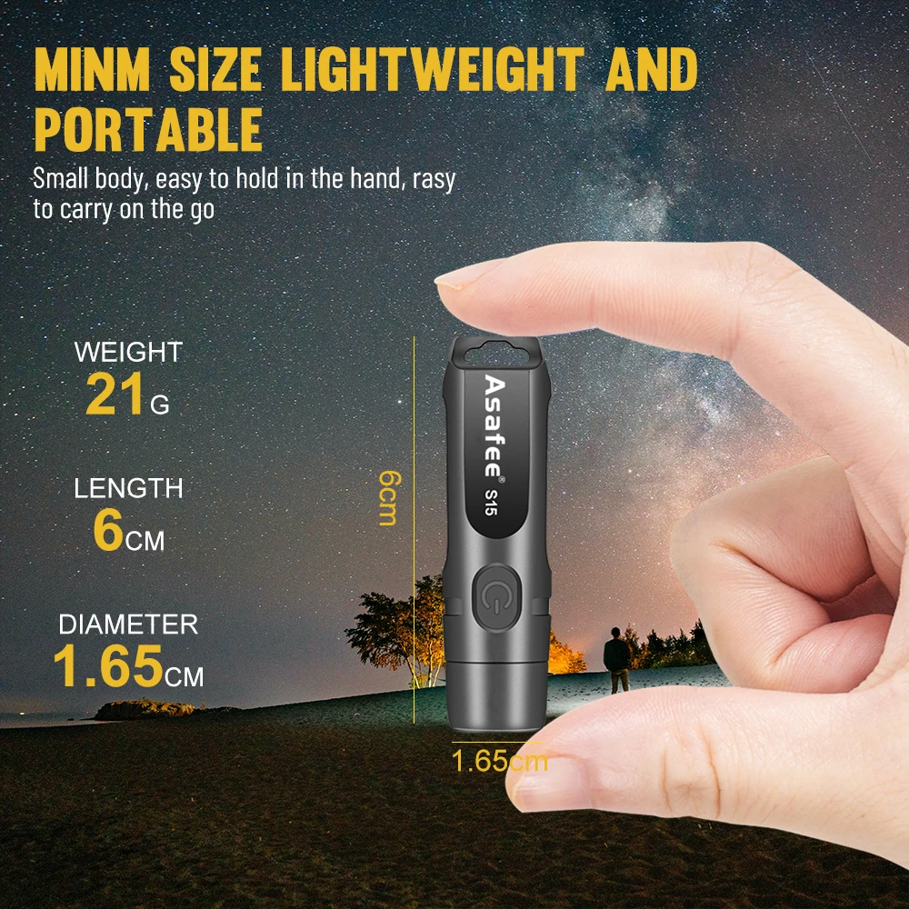 Asafee S15 Mini LED Flashlight EDC Keychain Light Ultra Bright Built-in battery Type-C Charging Portable Aluminum alloy Torch