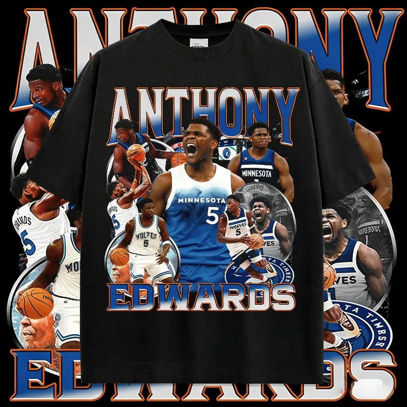 2025 Summer Anthony Edwards Printed Sleeve High Street Vintage Heavy Small Neckline Men's 100% Pure Cotton Printed T-shirt Top