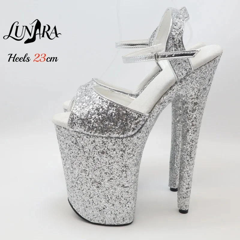 23cm/9Inch Silver Glitter High Heel Sandals Peep Toe Ankle Strap Buckle Non-slip Sexy Nightclub Stage Pole Dance Ladies Rave