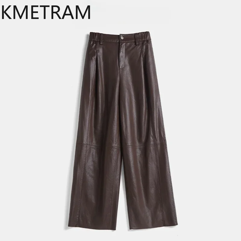 KMETRAM Genuine Leather Pants Full Vegetable Tanned Ultra-Thin Sheepskin Trousers Wide Leg Pants for Woman Pantalones High Waist