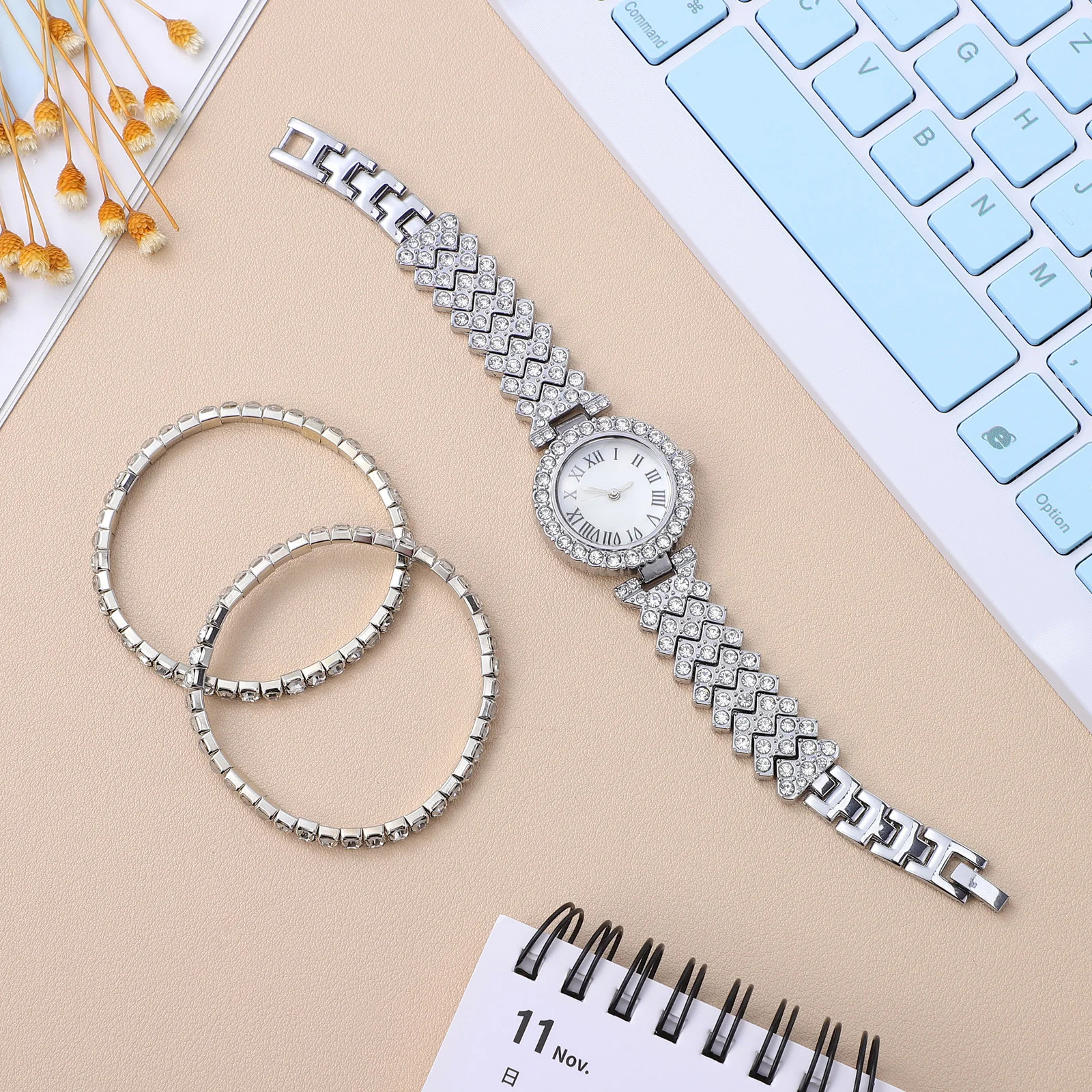 

2pcs Rhinestone Watch Bracelet Set Shiny Quartz Watch For Women Fashion Jewelry Gift Lightweight Daily Wear Elegant Timepiece