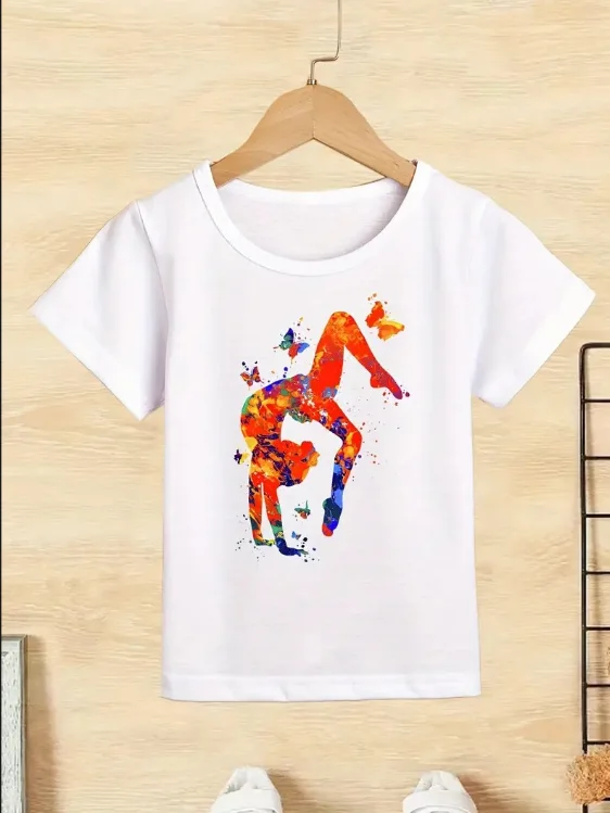 Wholesale Children Gymnastics Dancer Print T-Shirt Dance Girls Clothes Baby Tshirt Cute Casual Short Sleeve Children Tops
