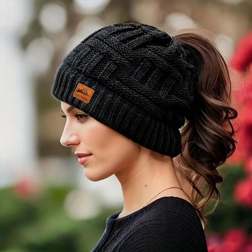 أزياء الكروشيه ذيل حصان قبعات الشتاء محبوك الدافئة محبوك قبعة رشاقته سدادات حماية الأذن قبعة صغيرة السيدات' #5