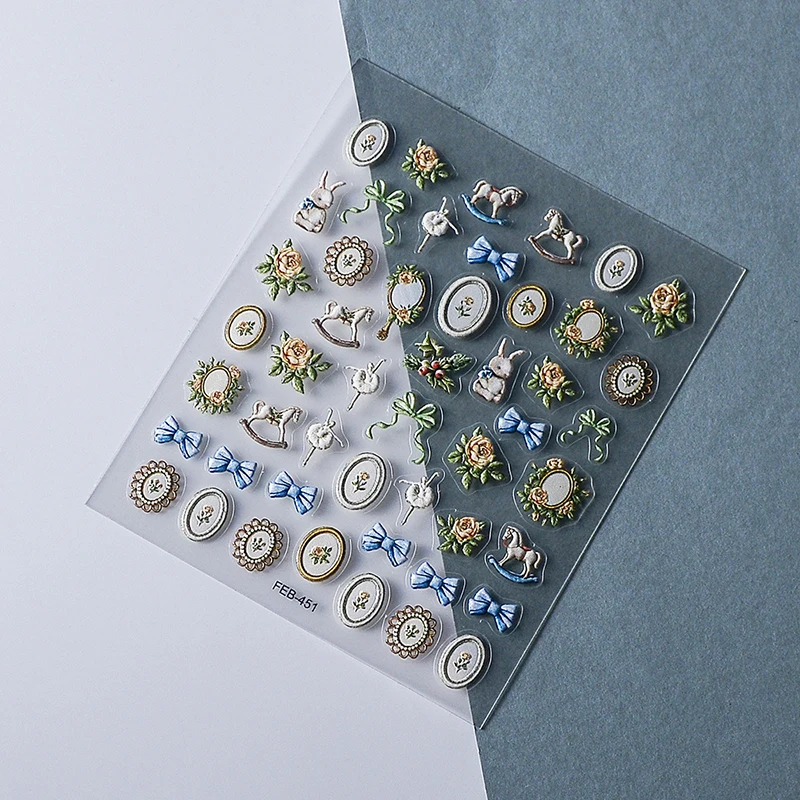 Rose Foto rahmen schöne Kaninchen weich geprägte Reliefs selbst klebende Nail Art Aufkleber niedlichen Bowknot Maniküre Aufkleber