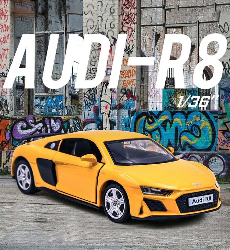 1:36 escala audi r8 liga diecast carros modelo brinquedo alta simulação metal corpo portas abertas puxar para trás veículos para presentes das crianças