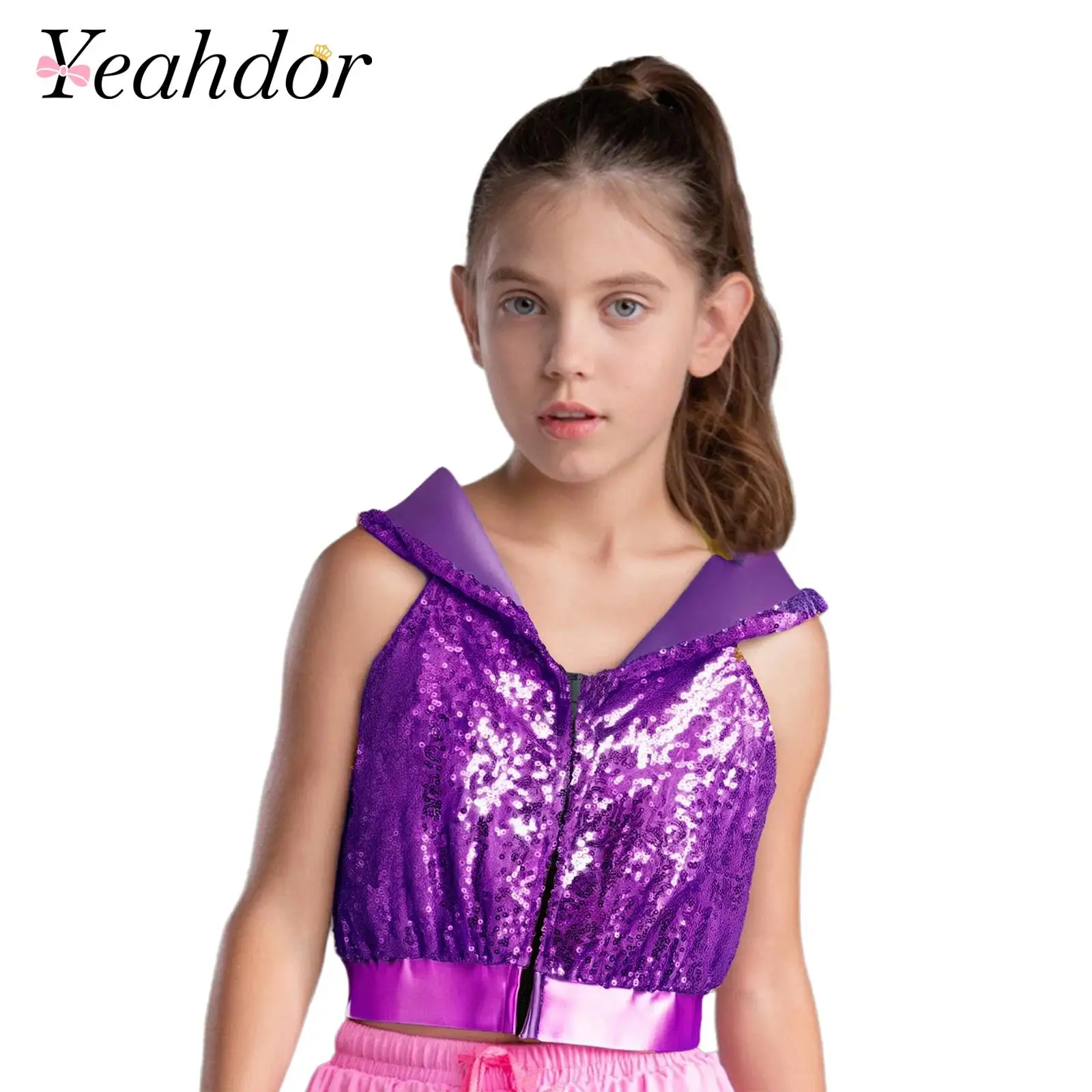 Kids Hooded T-Shirt Girls Sequins Hooded Crop Top Hip-Hop Jazz Dance Costume Sleeveless Backless Zipper Sparkling Dancewear