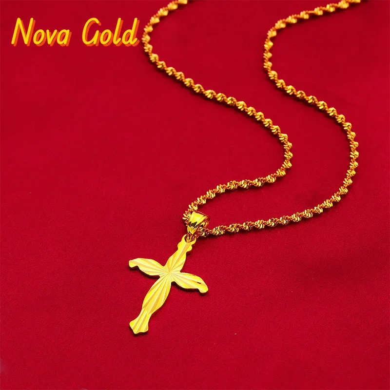 

NovaGlod 24K Gold AU999 Cross & Water Wave Necklace Women - Premium gold, cross for protection, wave for softness, fits daily/ch
