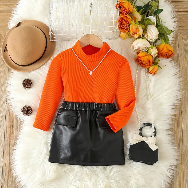 

2Pcs Fashion Girl Spring Fall Outfits Solid Color Ribbed Mock Neck Long Sleeve Tops and PU Leather Skirts Clothes Set