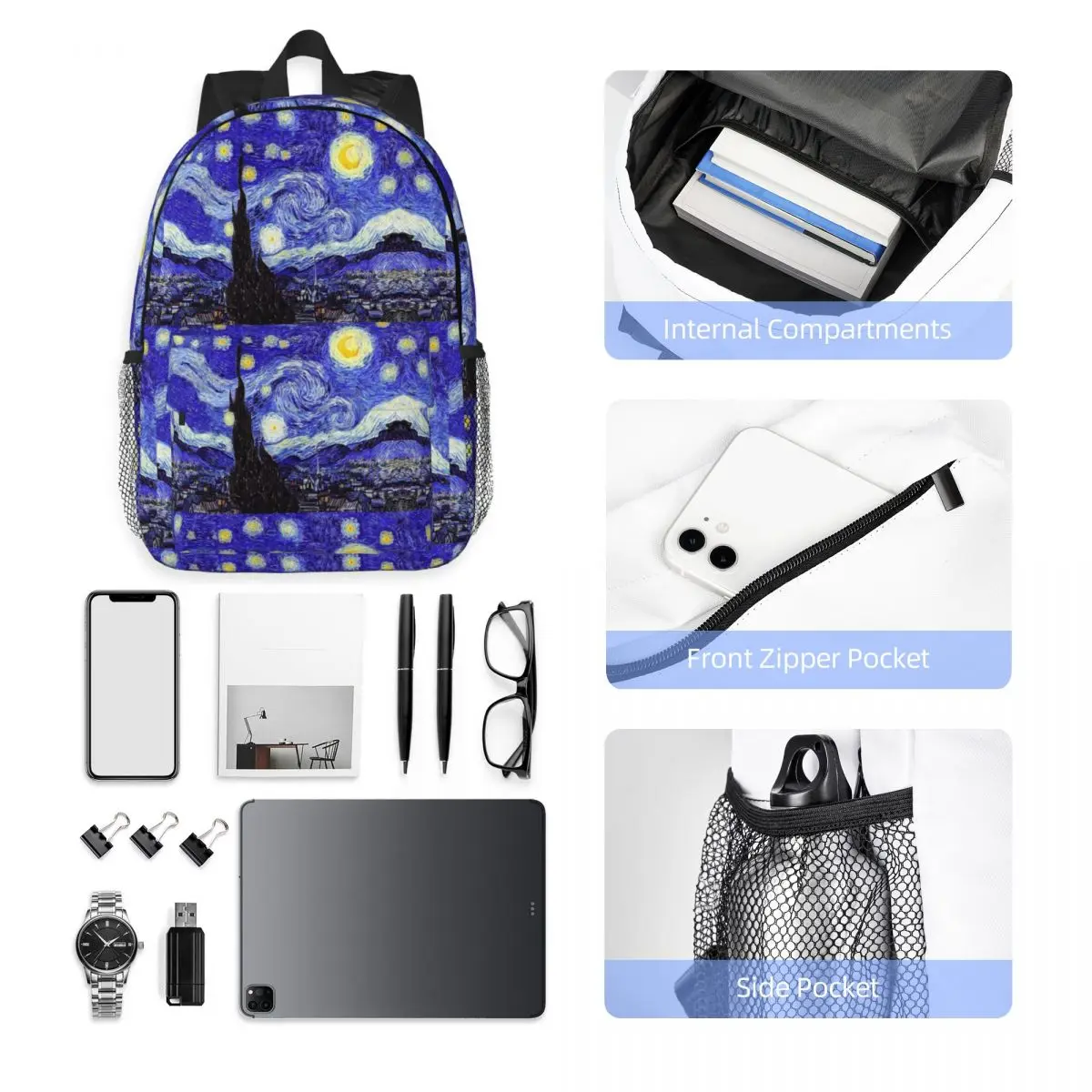 A Starry Night Van Gogh Mountain Inspiration Backpack Hot Sale Daypack Large Capacity Boy Girl BookBag Shoulder Bags School Bag