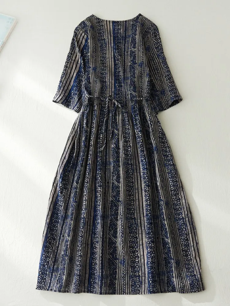 Robe longue décontractée à rayures pour femmes, style vintage, col en v, confortable, imprimé, nouvelle collection été 2023, B2376