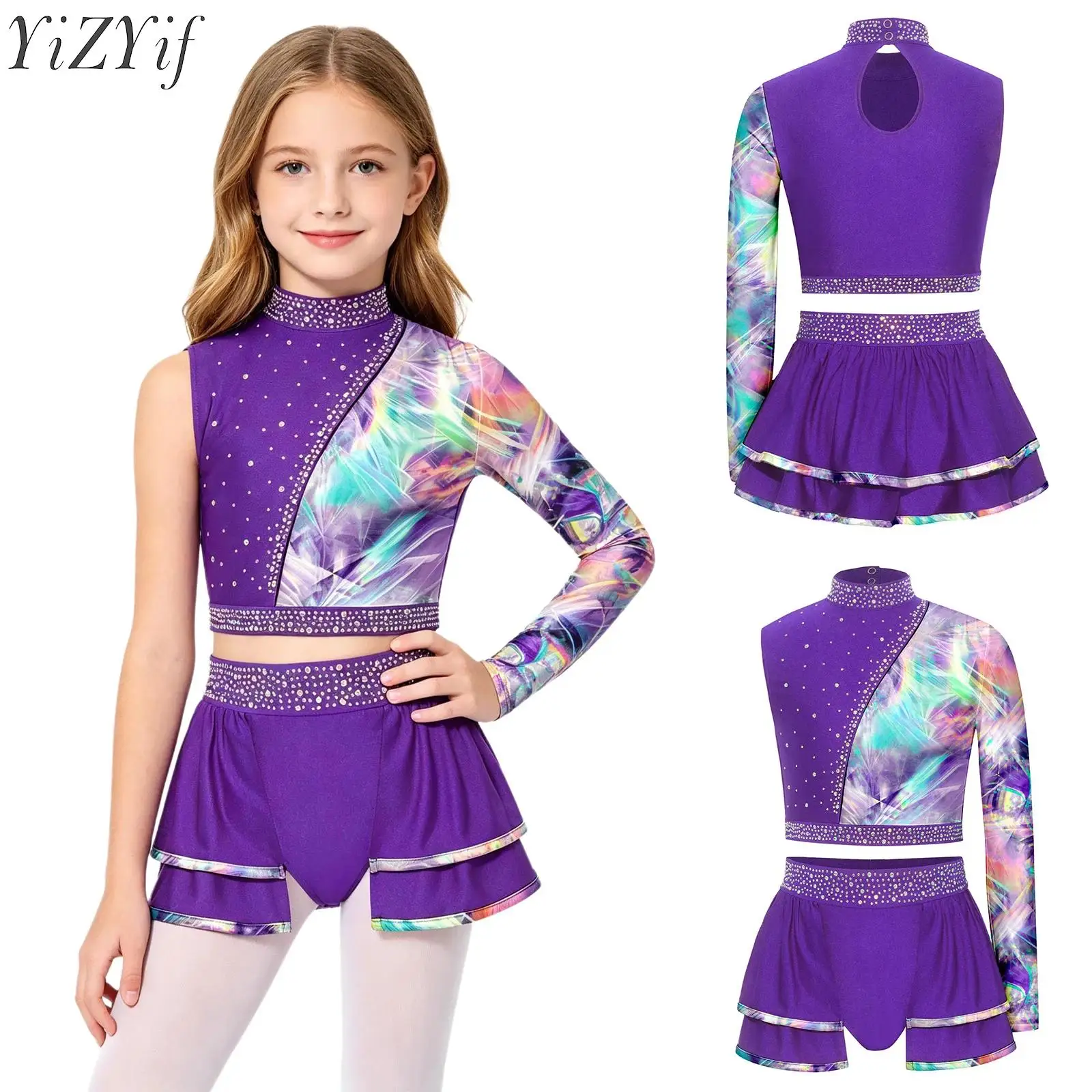

Kids Girls Rhinestones Ballet Sets Jazz Dance Outfit Asymmetrical Sleeve Long Sleeve Crop Top with Skirt for Team Championship