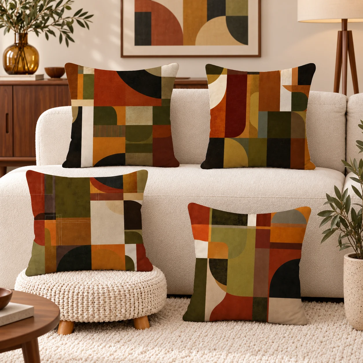1/4PCS Mid Century Modern Abstract Geometric Cushion Cover Short Plush Double-Sided Print Throw Pillow Cover for Sofa Home Decor