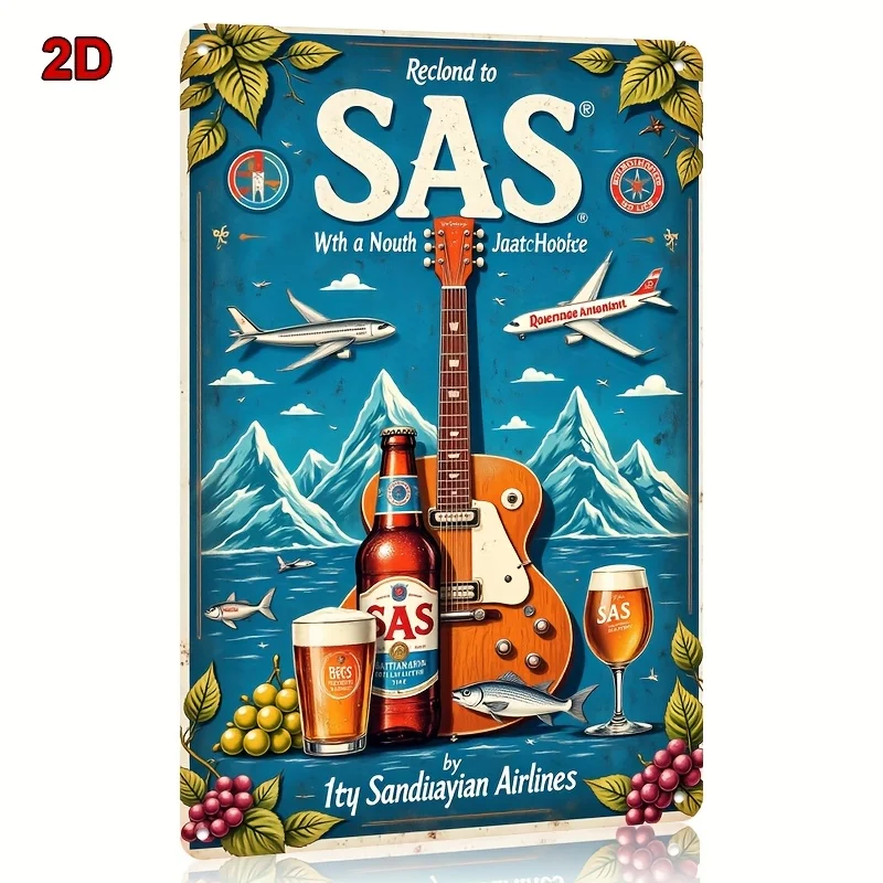 Vintage Aviation & Music Metal Tin Sign - Retro SAS Scandinavian Airlines Wall Art with Guitar, Beer & Mountain Design, Mid-C