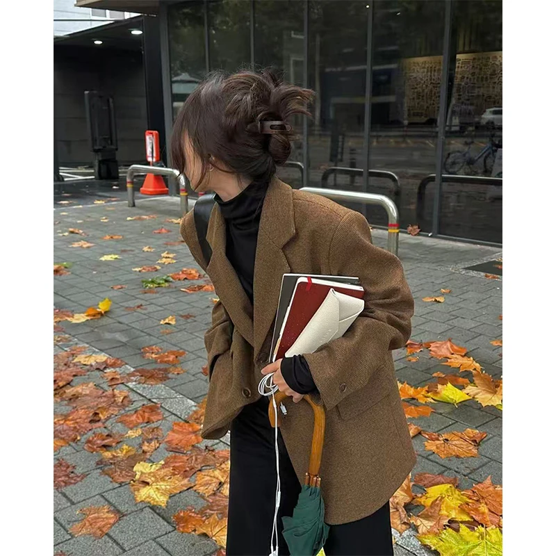 

MEXZT Vintage Blazer Women Elegant Pockets Suit Business Jacket Winter Korean Commute Coat Office Ladies Design Outerwears New