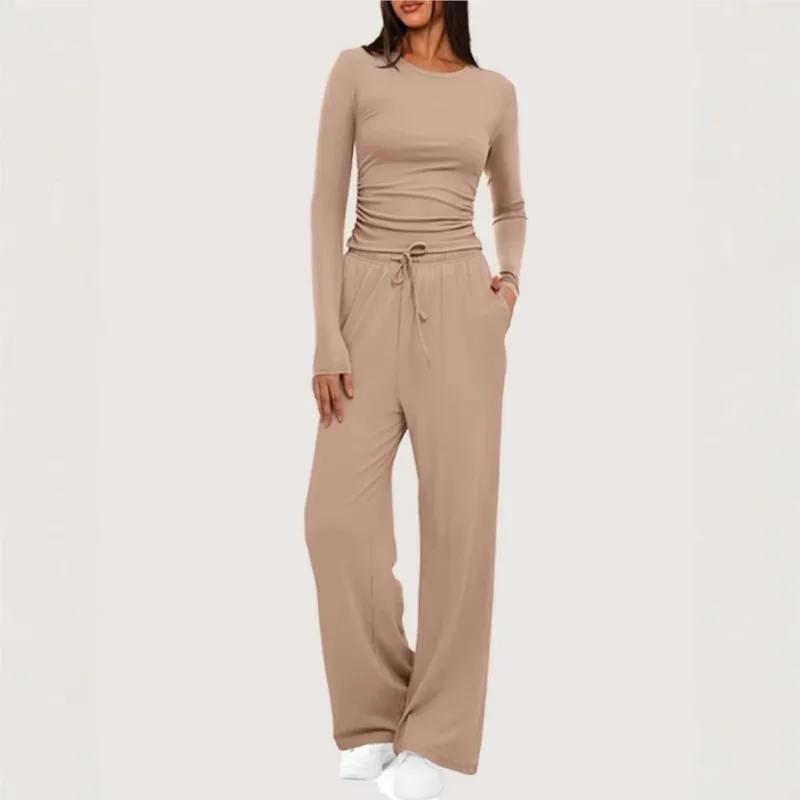 

Solid Loose Casual Long-sleeved T-shirt Wide-leg Trousers Tracksuit Two Pieces Set Women's Fashion Pants Sets Sportswear Set
