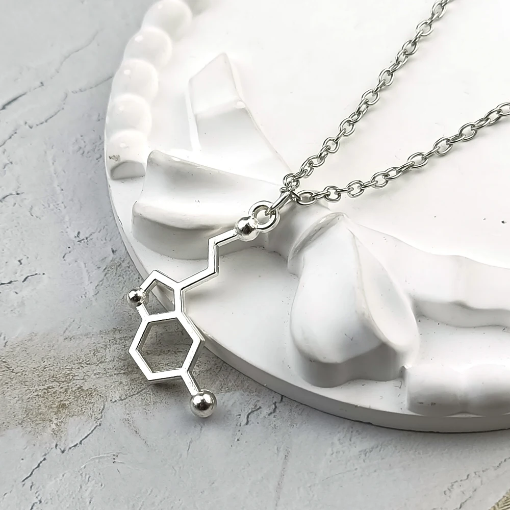 Minimalist Silver DNA Stainless Steel Chain Serotonin Molecule Science Chemistry Molecule Necklace Couple Girlfriend Gift