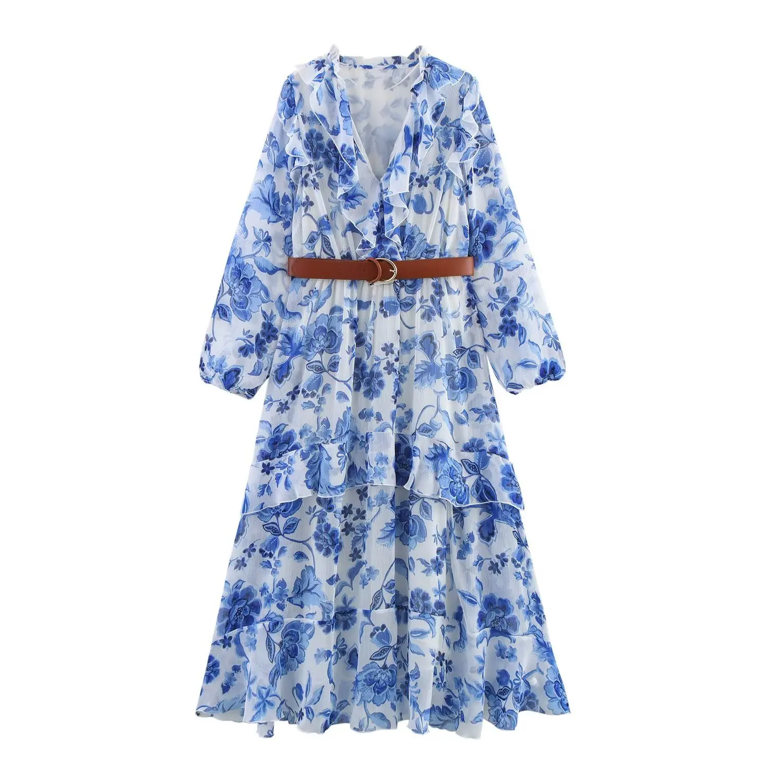 

2025 Spring And Summer Women's Dress Long Sleeve V-Neck With Belt Print Bohemian Maxi Dresses Casual Beach Holiday Dress