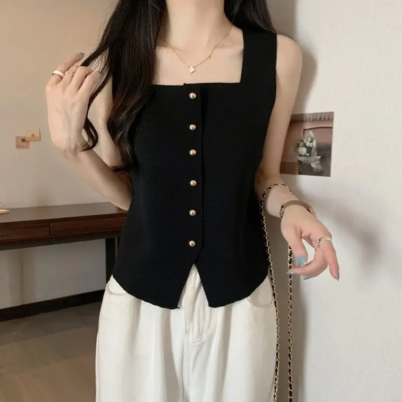 2024 Summer New Square Neck Design Ice Silk Tank Top Strap Single breasted Korean Solid Color Top Trendy
