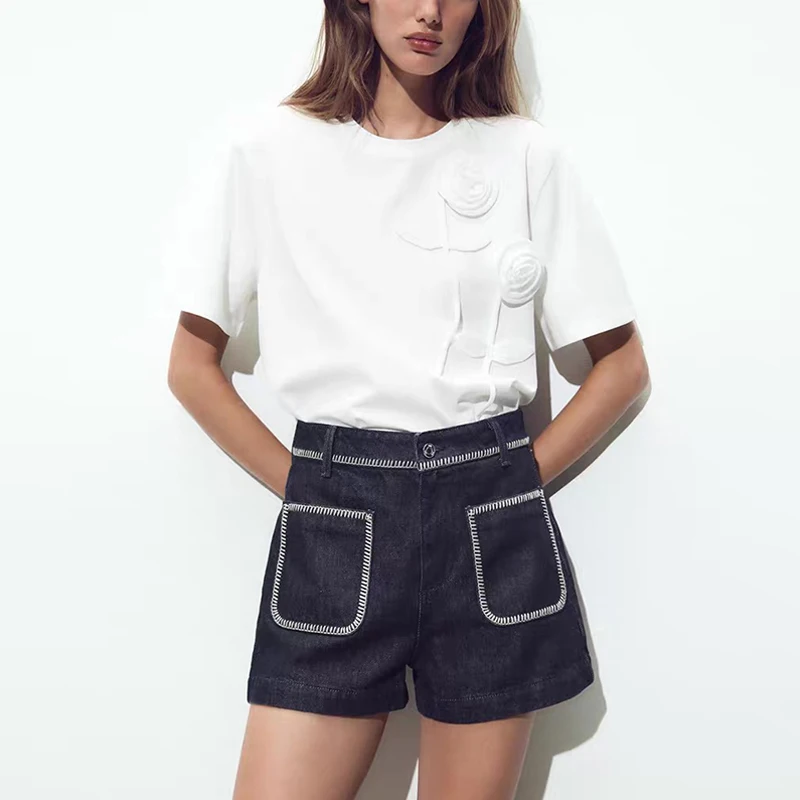 Cseta de Verano 2025 para Mujer, Estilo Casual, Cuello Redondo, Manga Corta, Corte Ajustado, Decoración de Flores Abullona...