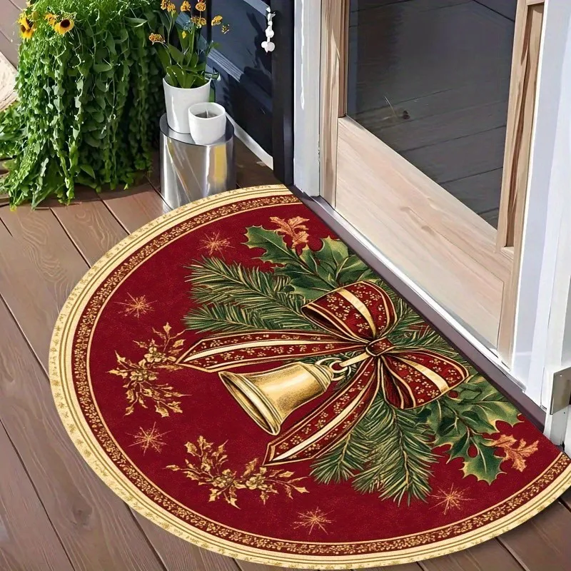 Vintage Jingle Bells Semi Circle Doormat Christmas Bowknot Festive Welcome Mat