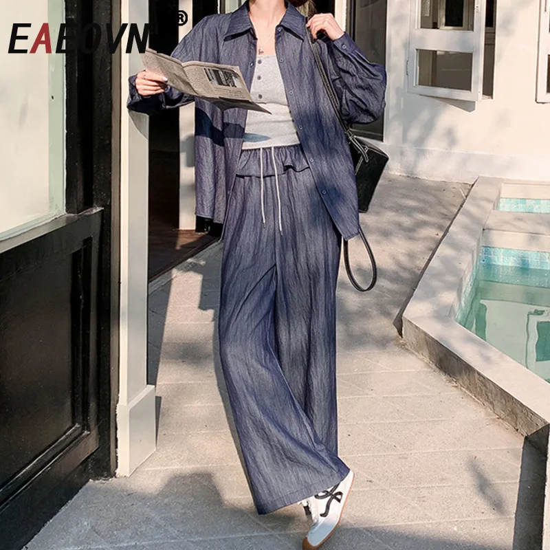 

EAEOVNI Casual Women 3 Piece Set Long Sleeve Shirt With Vest + Lace-up Waist Wide Leg Trousers Fashion 2025 New Clothing 1A1151