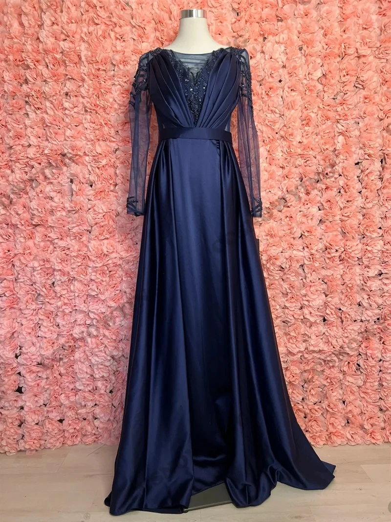 

Long Sleeve Scoop Neck Prom Dress Satin Appliques Beaded Evening Formal Party Gowns Women Robe De Soiree