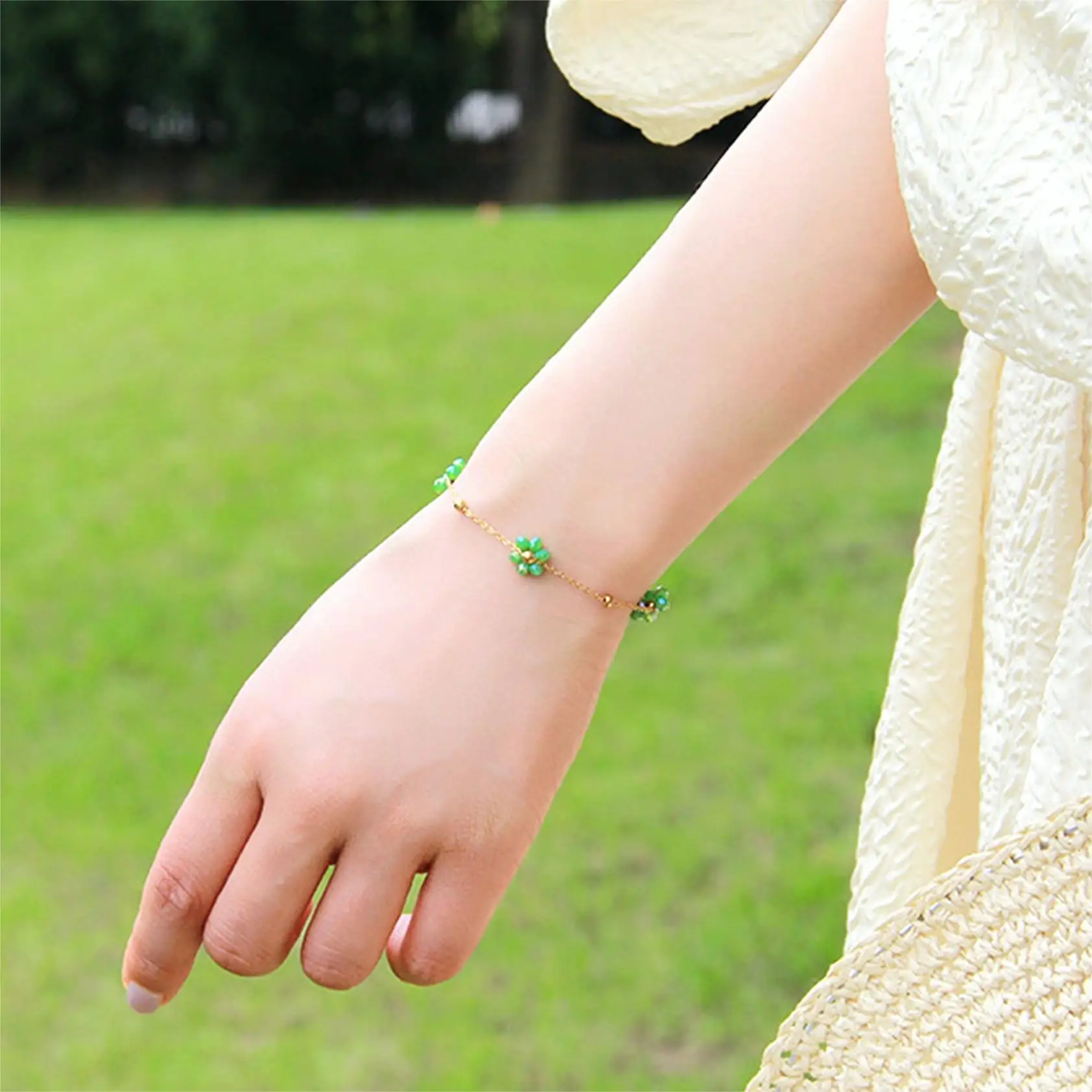 Summer colorful daisy bead flower crystal stainless steel bracelet for women, 3 flowers, bohemian fashion bracelet for women to